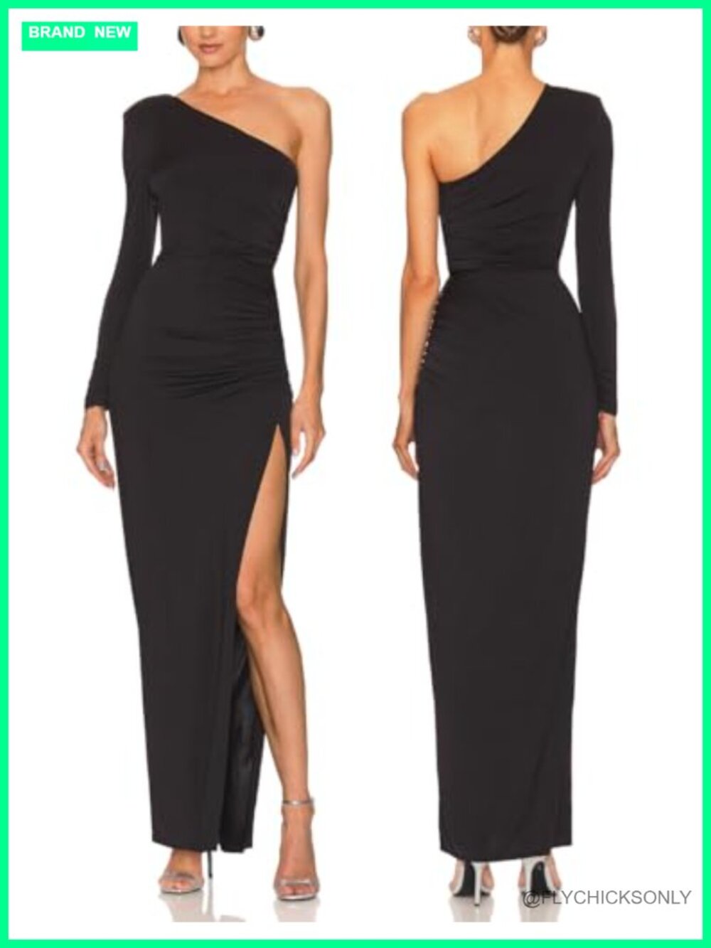 Women One Shoulder Long Sleeve Maxi Dress Ruched Waist Slit Bodycon